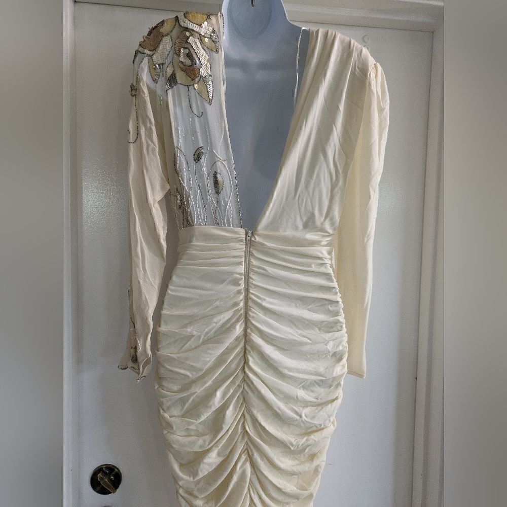 Vintage ivory rhinestone dress with shoulder pads circa 80's - Picture 3 of 10